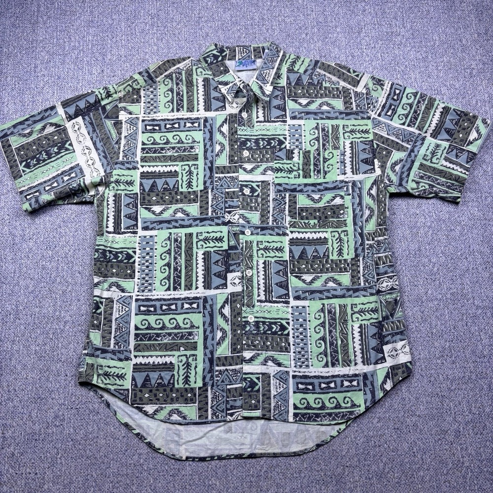 VTG 90s K Yoshio Geometric Abstract Print Button Up Shirt Mens XL Retro Festival